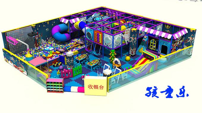 इनडोर बाल पार्क में किस तरह का नटखट उपकरण बच्ची करत